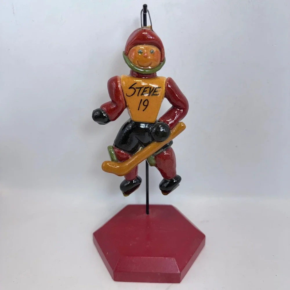 Vintage 1996‎ Steve 19 Hockey Player Wooden Christmas Ornament Hand Painted Red